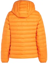 Campera acolchada naranja de poliéster reciclado, repelente al agua, con capucha extraíble, cierre frontal con cremallera, dos bolsillos laterales con cremallera y logo de Tommy Hilfiger bordado en el pecho.
