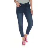 Pantalón de jean gris oscuro, corte skinny y tiro medio.