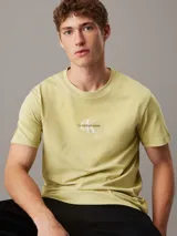 Remera color verde claro de corte clásico, cuello redondo y mangas cortas. Presenta el logo de Calvin Klein Jeans bordado en el centro del pecho.