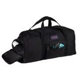 Bolso de viaje tipo duffel Jansport Weekender Large, color negro, con doble asa de mano y bolsillo frontal con cierre.