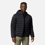 Campera negra con capucha, de plumas de 650 cuins y capa exterior Pertex® Quantum resistente a la intemperie.