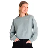 Buzo celeste de corte cropped con cuello redondo y mangas largas. Tiene el logo de la marca bordado en el frente.