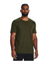 Remera deportiva Under Armour Seamless Grid SS para hombre, color verde militar con diseño cuadriculado y logo pequeño en el pecho.