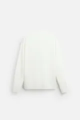 Jersey de punto azul marino de corte clásico, con cuello redondo y mangas largas.
