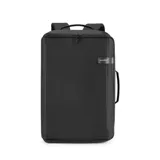 Mochila negra de poliéster y cuero, con asas reforzadas, compartimento para laptop de hasta 17 pulgadas, bolsillo trasero oculto y cinturón para valija.