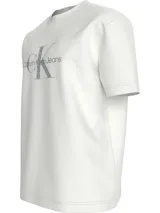 Remera blanca de algodón con cuello redondo y mangas cortas. Estampado frontal con el monograma CK y el nombre de la marca en color gris.
