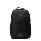 Mochila negra de la marca Caterpillar, modelo Explorer, con logo frontal en blanco. Presenta un diseño funcional con un bolsillo frontal con cierre decorado con cordón elástico amarillo y negro, y bolsillos laterales de malla.