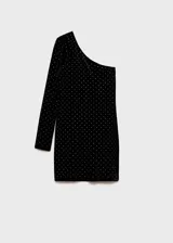 Minivestido negro de terciopelo con un solo hombro, manga larga y apliques de strass.