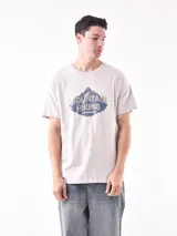 Remera manga corta color gris claro con estampa de montaña y texto en azul.