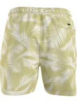Short de baño corto color amarillo con estampado de hojas de palmera blancas, cintura elástica con cordón ajustable, bolsillos laterales y trasero, y forro de malla.