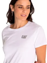 Remera blanca de algodón con cuello redondo y logo CAT estampado en gris en el pecho.