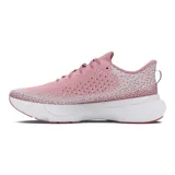Zapatillas de running Under Armour Infinite para mujer, con capellada de tejido knit degradado en tonos gris y verde flúor, logo de la marca en el talón y suela blanca con tecnología HOVR.