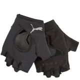 Guantes de entrenamiento sin dedos marca Puma, color negro. Presentan un diseño con abertura en el dorso para ventilación con malla y logo Puma reflectante. La palma tiene detalles de agarre en relieve.