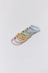 Set de gomitas de pelo elásticas con diseño trenzado en colores pastel: rosa, amarillo, verde, lila y celeste.