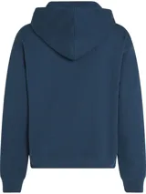 Buzo azul con capucha de Tommy Hilfiger. Tiene cordones ajustables, puños y dobladillo acanalados, y el logo de Tommy Hilfiger bordado en blanco en el pecho.