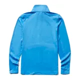 Buzo negro de poliéster reciclado y spandex, con cierre de 1/4, cuello alto, mangas largas con orificios para pulgares y logo de la marca en el pecho.