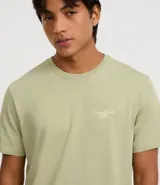 Remera de hombre color verde salvia, confeccionada en algodón peruano, con cuello redondo, manga corta y un pequeño bordado de lettering y palmeras en el pecho.