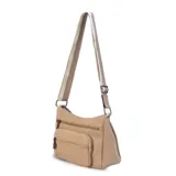 Bandolera color beige con correa extensible a tono, ajustable, y múltiples bolsillos frontales con cierre.