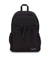 Mochila negra con compartimento para notebook y diseño clásico.