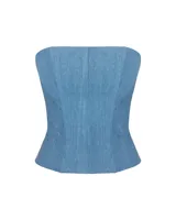 Corset strapless de denim celeste con ballenas reforzadas.
