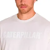 Remera gris jaspeado de manga corta con cuello redondo y logo de Caterpillar estampado en el pecho.