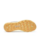 Zapatillas de trail running Merrell Antora 4 para mujer, color celeste con detalles en amarillo y suela color caramelo.