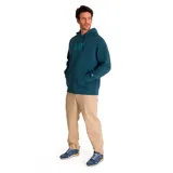 Buzo canguro con capucha color azul petróleo, con cordones ajustables y logo de CAT estampado en el pecho.