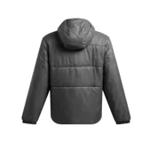 Campera puffer gris con capucha y cierre frontal, con logo de Under Armour en el pecho.