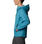 Campera impermeable Columbia Evapouration Jacket, color celeste, con capucha ajustable, cierre frontal completo, bolsillos laterales con cierre y ventilación en las axilas.