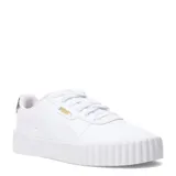 Championes Puma Carina 3.0 Animal Flair, color blanco con detalles dorados y animal print en el talón.