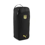 Bolsa para championes Puma color negro con detalles en amarillo. Cuenta con el escudo del Club Atlético Peñarol y el logo de Puma. Tiene cierre de cremallera y asa de transporte.