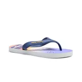Sandalia ojota Mormaii Lia para mujer, con base estampada en tonos violeta, celeste, naranja y blanco, y tiras de goma azul con el logo de la marca.