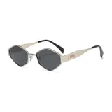 Lentes de sol unisex con marco de metal negro y lentes hexagonales grises.