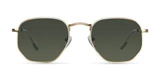 Lentes de sol hexagonales con armazón dorado de acero inoxidable y lentes polarizadas color verde oscuro.