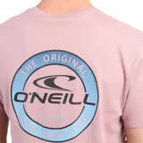 Remera de manga corta color rosa pálido con cuello redondo y un pequeño logo circular de O'Neill estampado en el pecho.