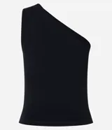 Top ajustado de punto roma color rojo, con diseño de un solo hombro y tirante torcido.