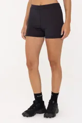 Minishort de poliamida negro diseñado para yoga, con compresión media y cintura de tiro medio, ideal para libertad de movimiento.