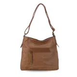 Cartera de cuero color marrón claro, con bolsillo frontal con tapa y cierre. Incluye división interna, bolsillos internos y bolsillo trasero con cierre. Tiene correa larga regulable y asa de mano.