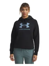 Buzo Under Armour para mujer, modelo Rival Fleece Shimmer, color negro con logo frontal estampado en azul brillante. Cuenta con capucha con cordón ajustable y bolsillo tipo canguro.
