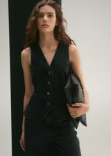 Chaleco negro de denim con cuello en V y cierre frontal con botones.