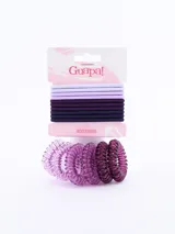 Pack de 16 coleros de pelo, con diseños variados en tonos lila y morado. Incluye coleros de tela y coleros de plástico en espiral.