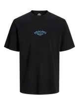 Remera negra de manga corta con cuello redondo y estampado azul con la palabra "healing" en el pecho.