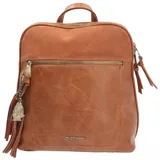 Mochila negra de ecocuero con aplique de gamuza en la parte superior. Tiene un compartimento principal con cierre de cremallera, bolsillos frontal y trasero con cierre, bolsillo interior con cierre y correas ajustables.