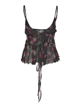 Top sin tirantes color negro con estampado de flores en tonos rojos, con corte entallado y diseño moderno.