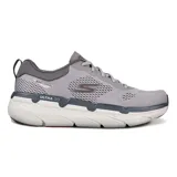 Championes Skechers Max Cushioning Premier Perspective, color gris, con cordones y capellada de malla deportiva. Cuentan con plantilla Air-Cooled Goga Mat, media suela con amortiguación ULTRA GO y tecnología NRT Natural Rocker.