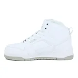 Zapatillas deportivas blancas con detalles en gris y diseño alto, ideales para entrenamiento.