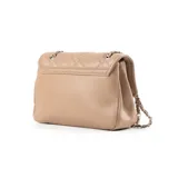 Cartera bandolera rectangular acolchada color taupe, de símil cuero soft, con cadena plateada y logo XL Extra Large al frente.