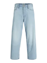 Jean de corte baggy y tiro alto en color azul claro con lavado stonewash. Presenta un diseño clásico de cinco bolsillos y está confeccionado en una mezcla de algodón orgánico y reciclado.