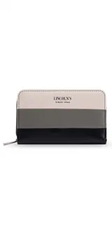 Billetera mediana de símil cuero con diseño a rayas horizontales en blanco, gris y negro. Tiene cierre alrededor y tapa frontal con compartimento interior con 8 tarjeteros y lugar para billetes.