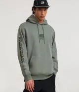 Hoodie masculino de algodón y poliéster, color verde salvia, con capucha ajustable, bolsillo canguro y estampado en el pecho y en la manga izquierda con texto.